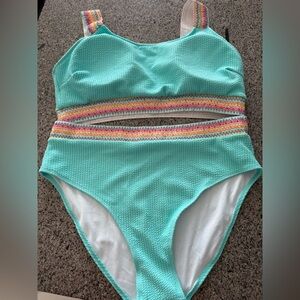 Aqua Textured 2-piece Swimsuit with Multi-Color Waistband